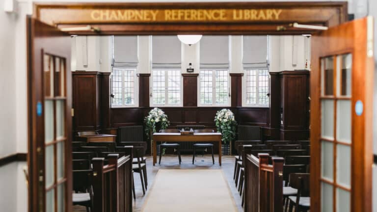 Quiet library with wooden furnishings.